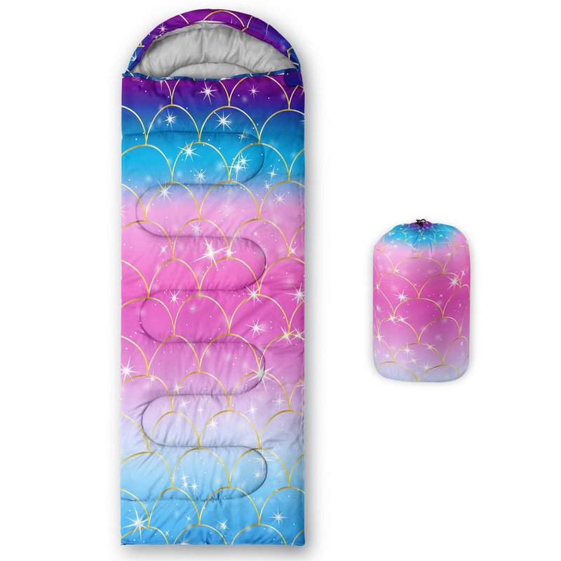 Axolotl Mermaid Scales Kids Girls Sleeping Bag - Lightweight Warm Cold Weather Hike Travel, Waterproof Portable Camping Outdoor Indoor Rainbow