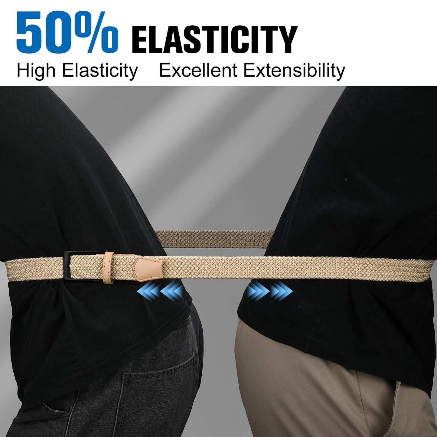 SANSTHS 2 Pack Stretch Braided Elastic Belt for Men, 1 3/8" Elastic Woven Belts Mens Stretch Belt for Casual Golf Jeans, 2 Pack – Blue White & Black