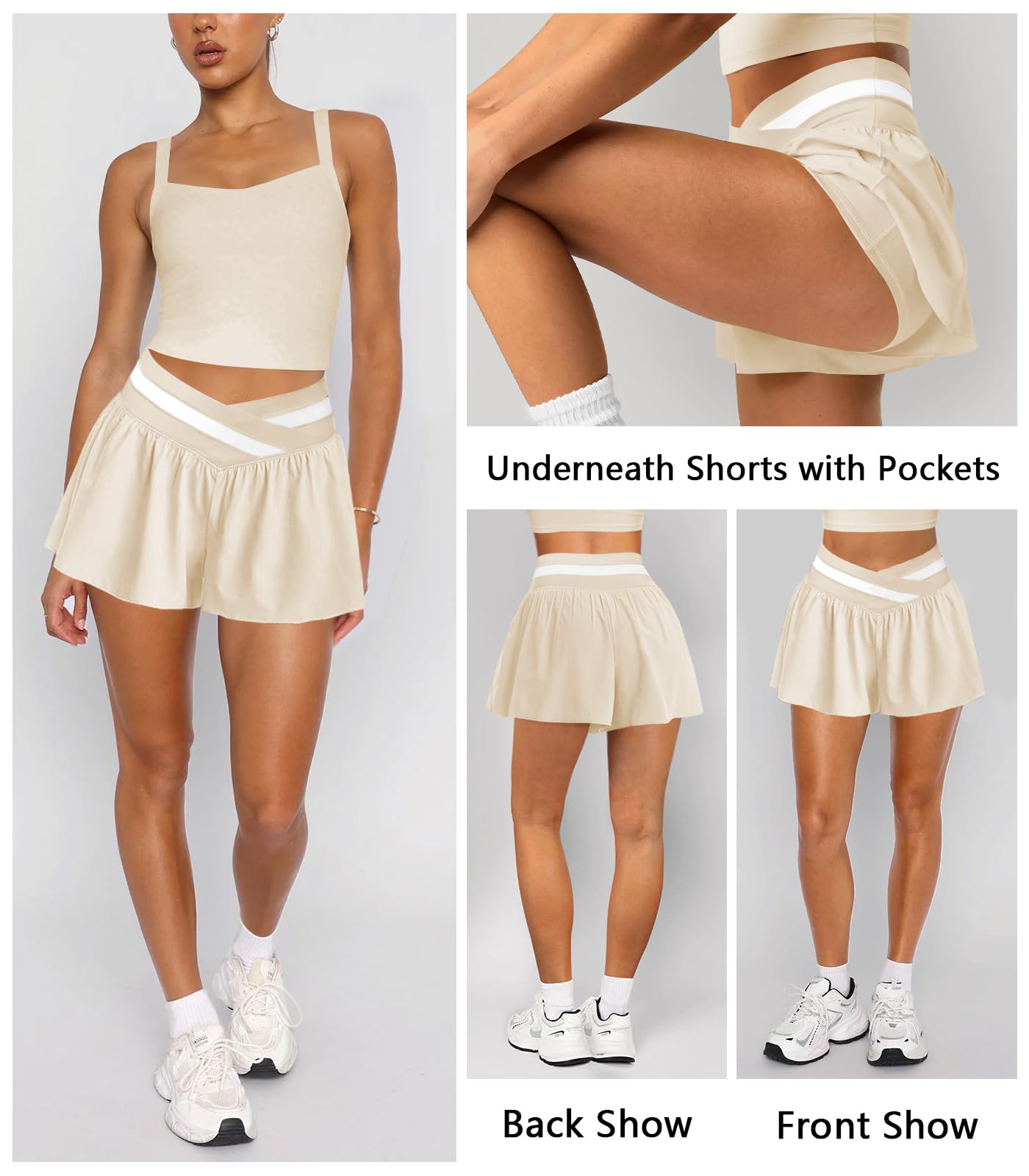 Hragc Womens Athletic Workout Apricot Shorts Flowy Butterfly Elastic Crossover High Waisted 2 in 1 Running Shorts with Pockets for Women Medium