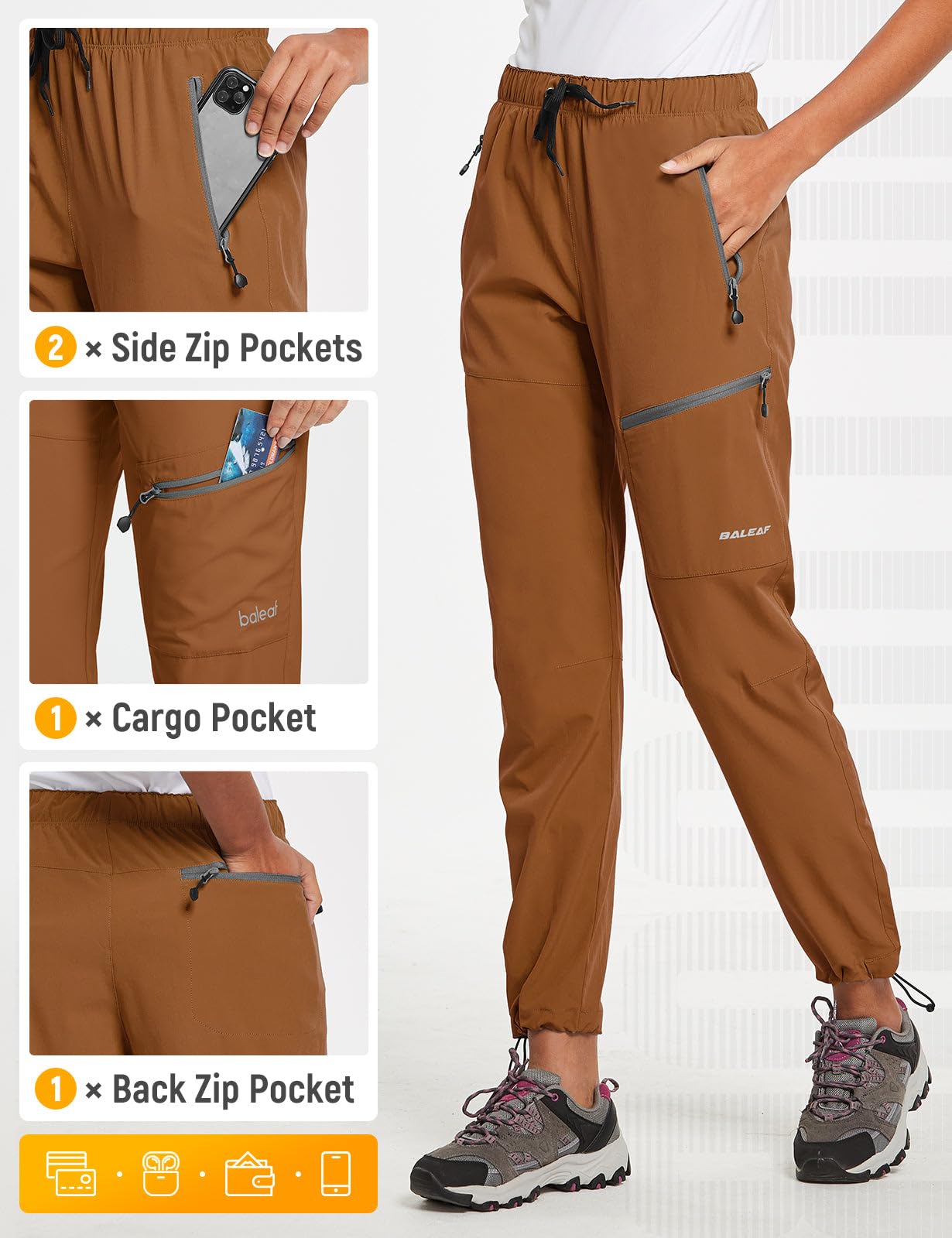 baleaf Women's Hiking Pants Quick Dry Lightweight Water Resistant Stretch Cargo Pants with Zipper Pockets Travel Camping 29''-Caramel M
