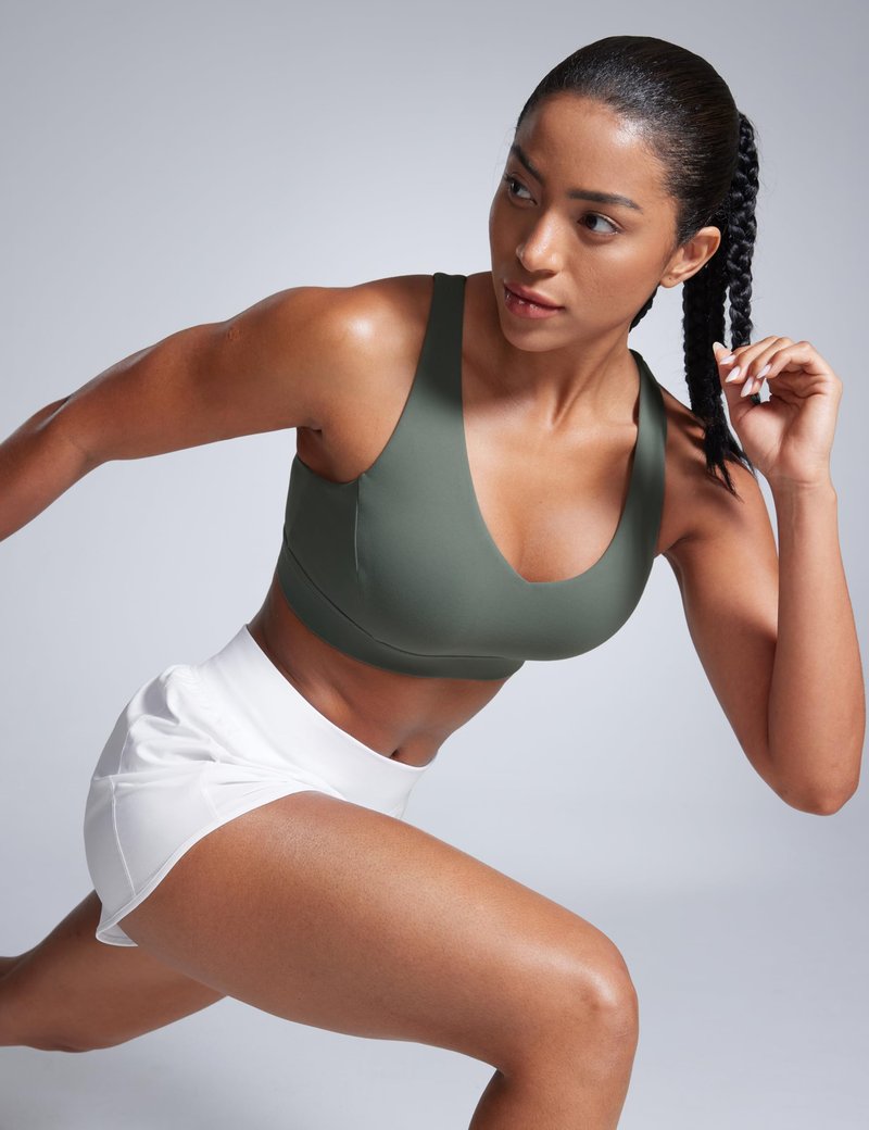 CRZ YOGA Butterbreeze Criss Cross Back Sports Bras for Women - V Neck Adjustable Straps Padded Workout Training Crop Top Grey Sage Medium