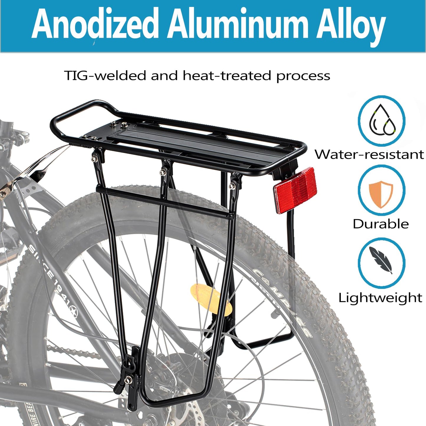YONTUO Rear Bike Rack with Extra Long Shelf's Arms,Universal Bike Cargo Rack,Bicycle Pannier Rack with Reflector and Cargo Net,Touring Carrier Rack fit 26”-29” and 700c,BCR03