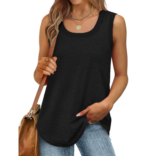 Borniu Womens Tank Tops Summer Loose Sleeveless Tops Scoop Neck Curved Hem Casual Flowy Shirt 2024 Outfits Clothes Black