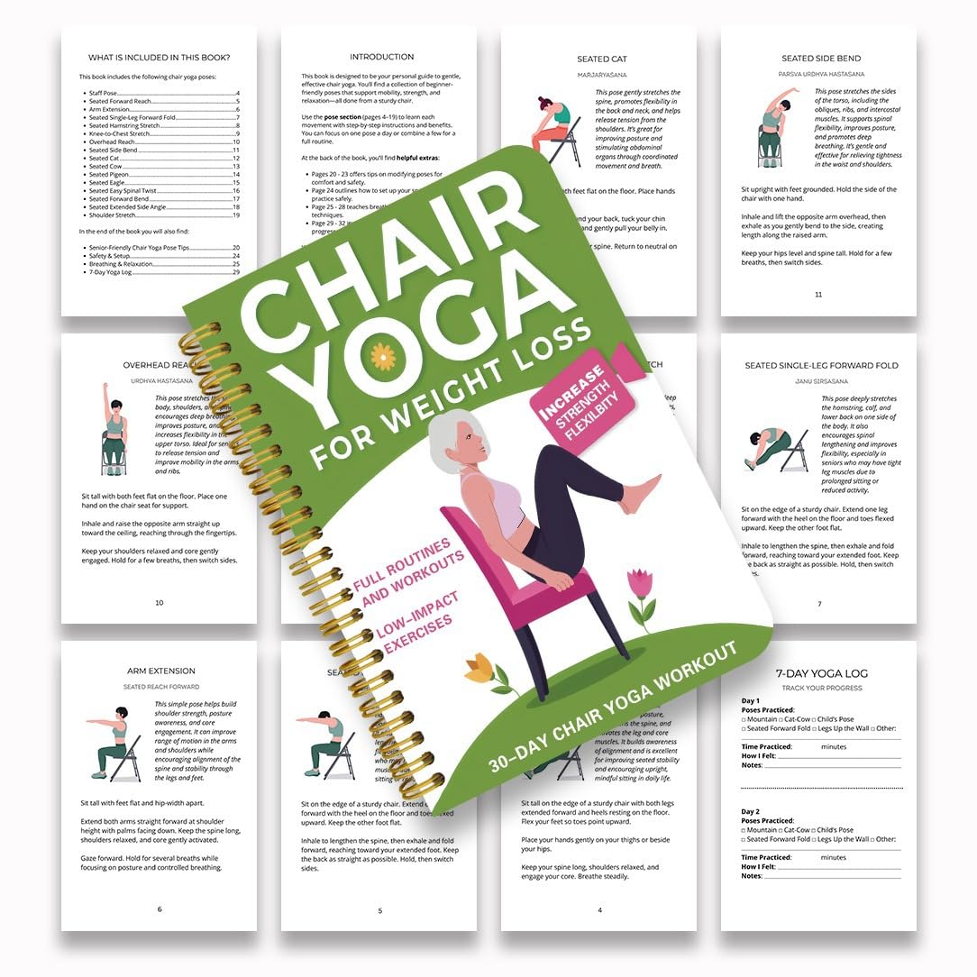 Chair Yoga for Seniors Over 60 Book & Chart, Chair Yoga for Weight Loss & Toning, 30-Day Challenge, Exercise Book for Seniors over 60 (Green)