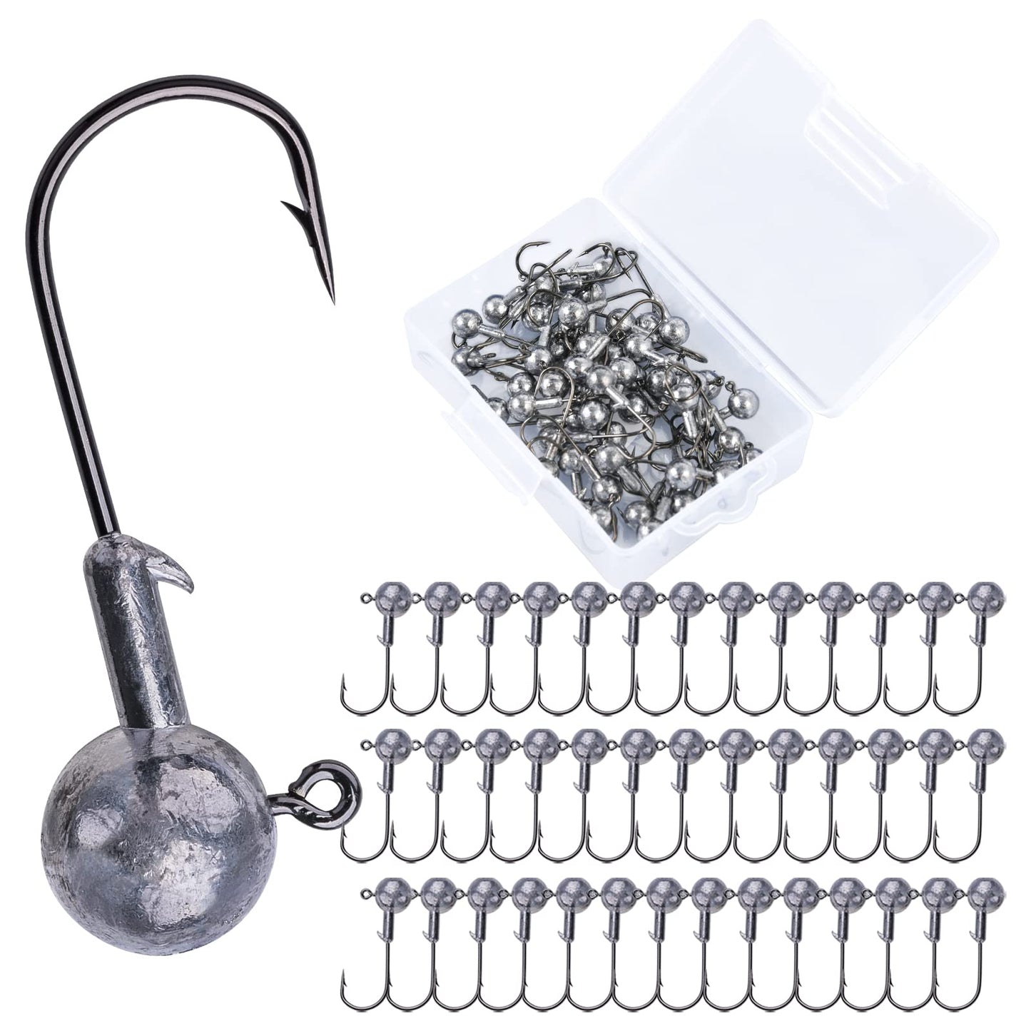 Goture Round Jig Head, Jig Head Hooks for Freshwater Saltwater Fishing, Swimbait Jig Heads with Fishing Box for Trout Bass Fishing, Crappie Jig Heads(3/16oz,50pcs)