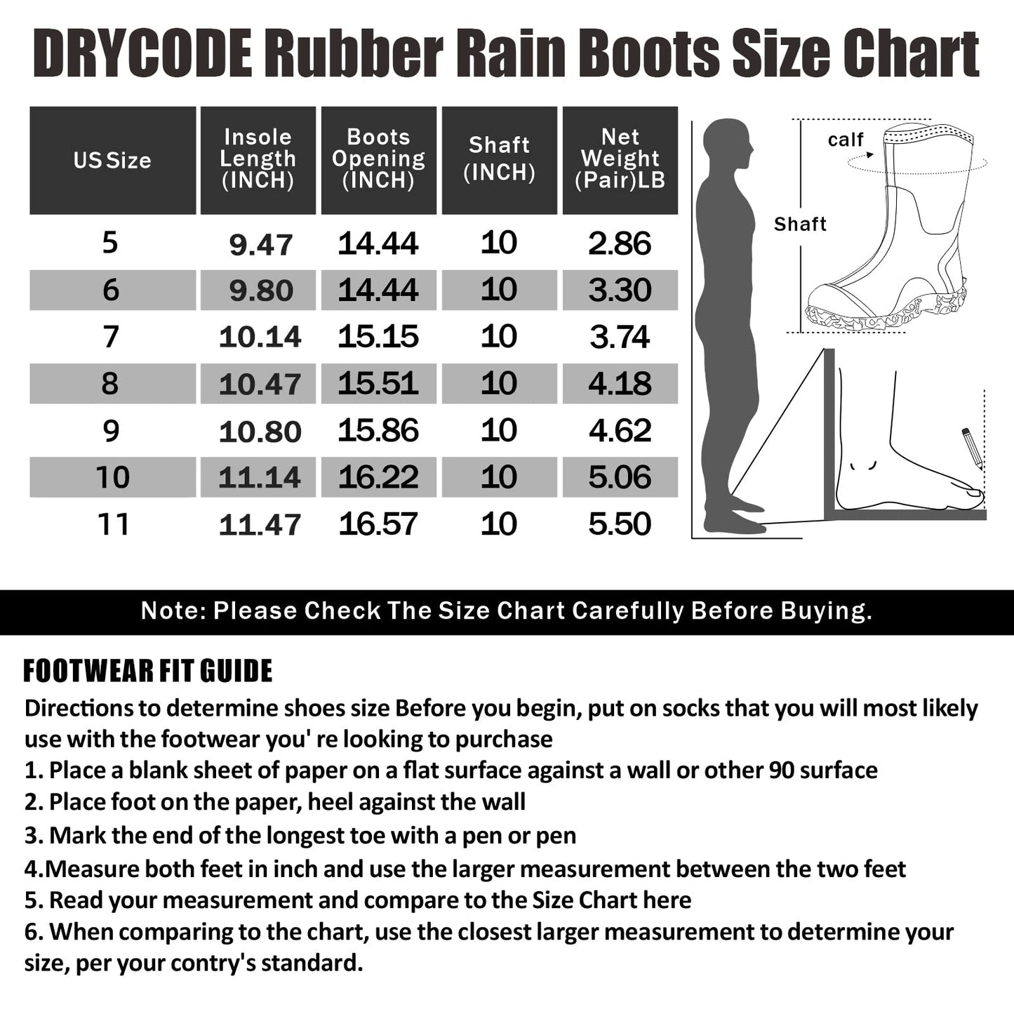 D DRYCODE Rubber Boots for Women, 6mm Neoprene Mid Calf Rain Boots with Steel Shank, Waterproof Insulated Hunting Boots, Mud Work Boots, Black, Size 5-11