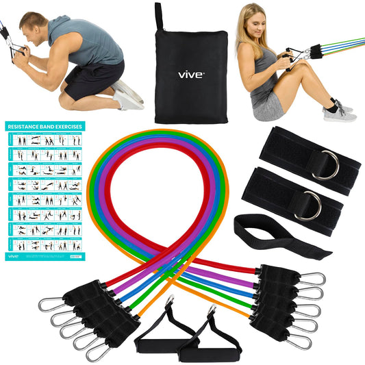 Vive Resistance Band Set (12 PCS)- Versatile Exercise Tubes with Wide Handles, Workout Poster, & Door Anchor - Adjustable 2-70 LBs Tension for Full Body Home Fitness & Rehab - Great for Men & Women