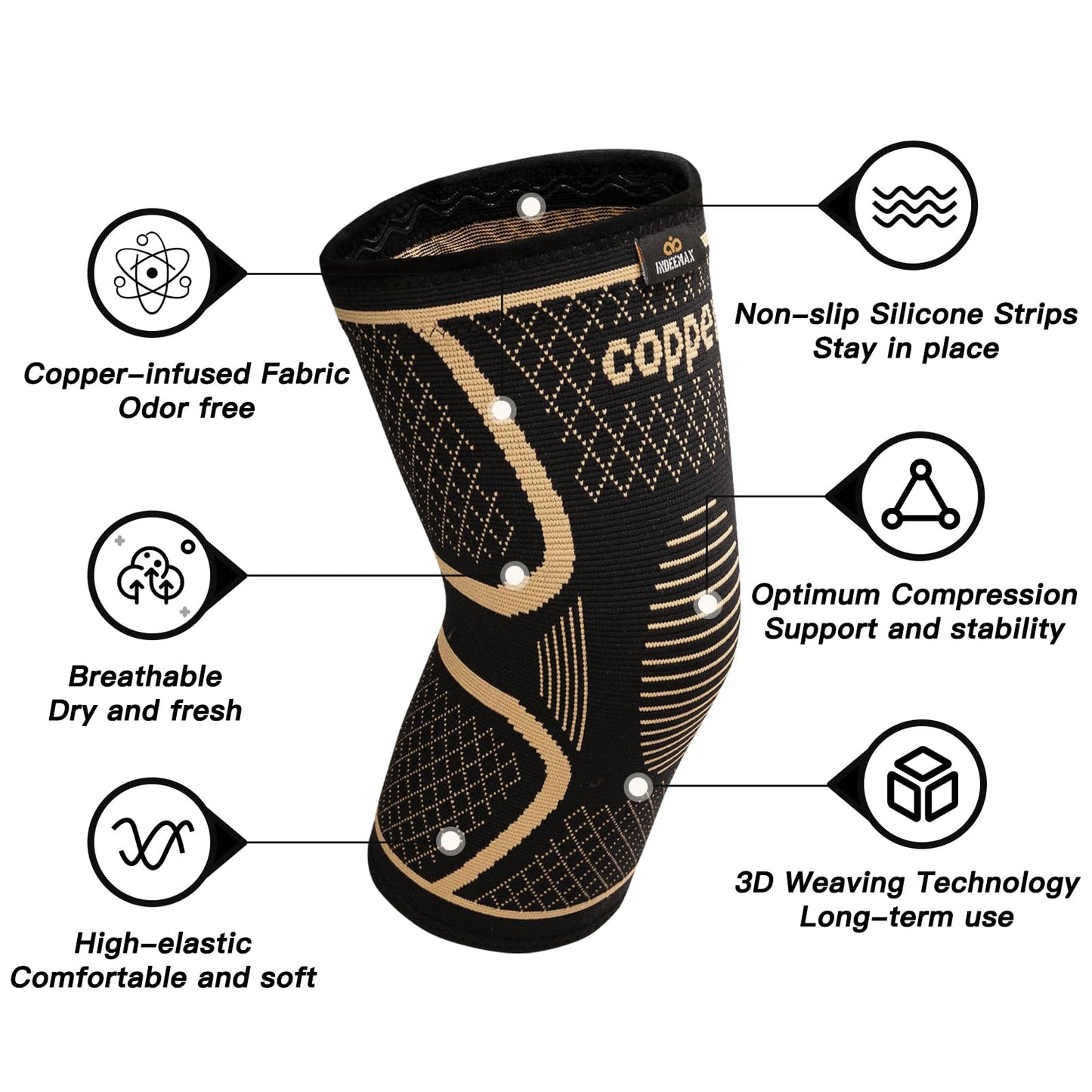 INDEEMAX Copper Knee Brace for Women Men 2 Pack, Knee Compression Sleeve for Knee Pain, Arthritis, Running,Sports and Recovery Support, L