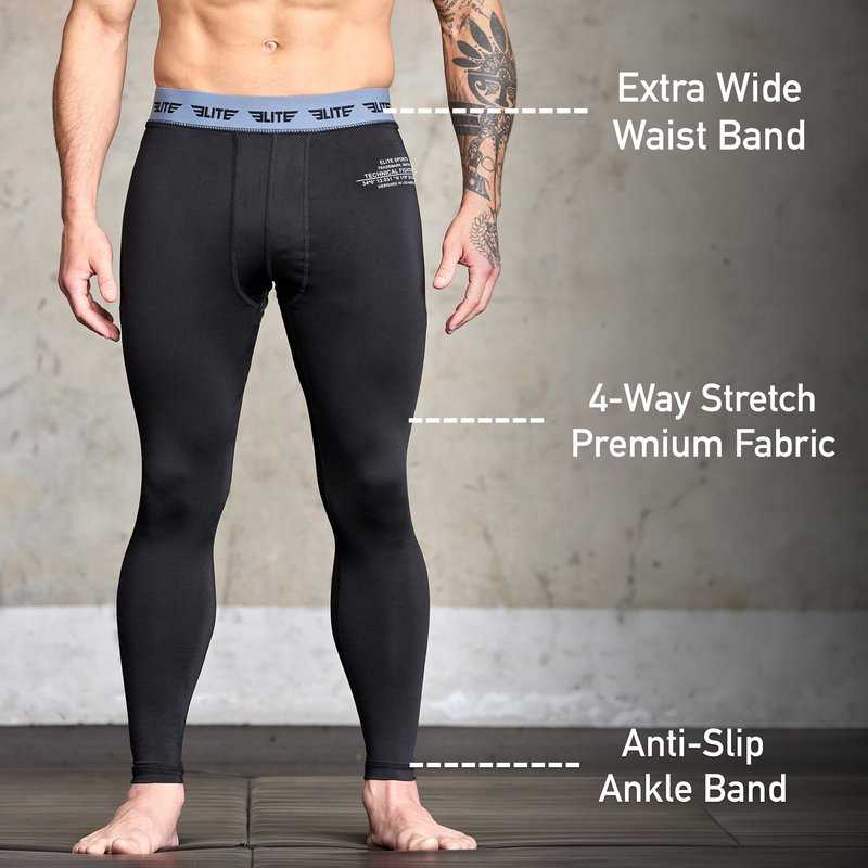 Elite Sports New Item Workout Standard MMA BJJ Spats Base Layer Compression Pants Tights, Black, Large