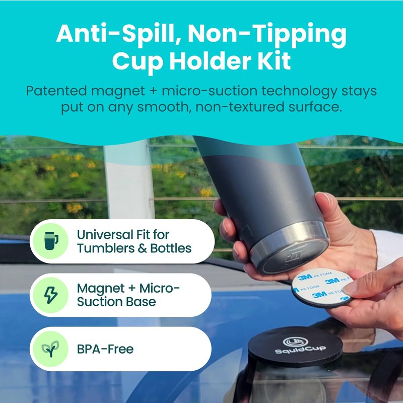 SquidCup Non-Tipping Kit | Magnetic & Suction Cup Base + Adhesive Disc for Cups, Bottles & Can Coolers (Fits 12–30 oz) | Spill-Proof Drink Solution for Boats, Kayaks, SUPs, RVs & More