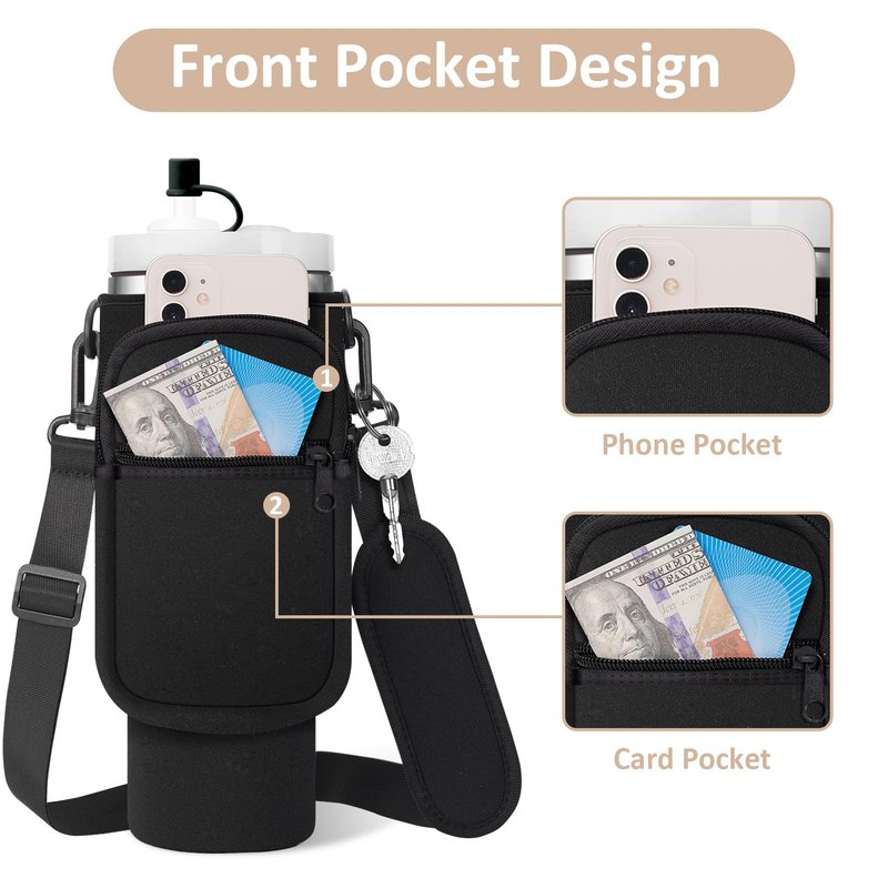 AceTreker Water Bottle Sleeve Bag for Stanley 30/40 oz Tumbler with Handle & Phone Pocket, Neoprene Metal Travel Coffee Mug Carrier Sling for Walking Hiking Driving-Black