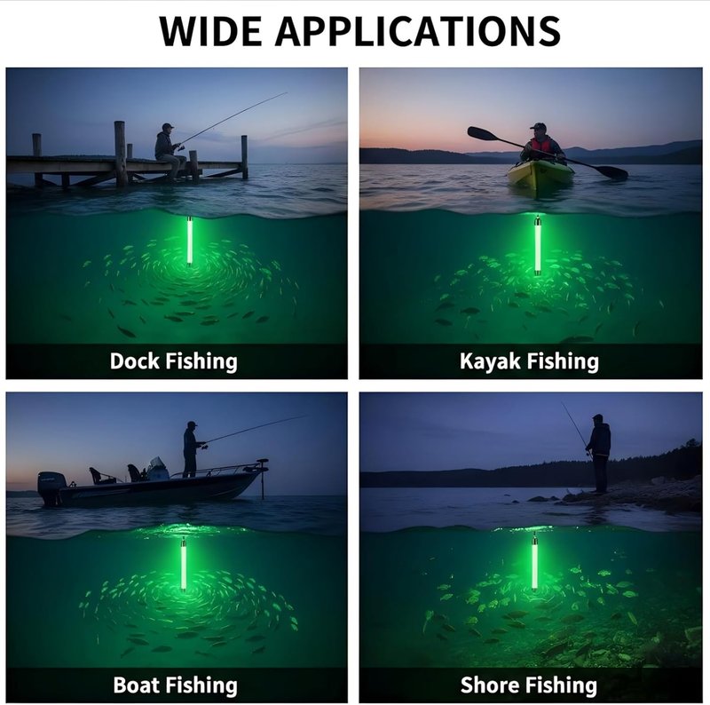 Underwater Fishing Light - 6000/9000/12000LM Waterproof Green LED for Night Fishing | 16.4ft Cord, Freshwater & Saltwater