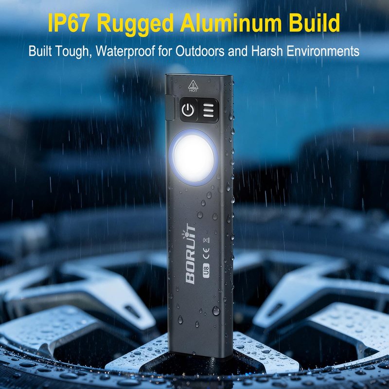 BORUIT U8 Small Flat EDC Flashlight, 650 Lumens USB-C Rechargeable Pocket Light with 100m Beam, White, Warm Yellow & RGB LEDs, IP67 Waterproof, Magnetic Tail & Clip for Camping, Work, Emergency