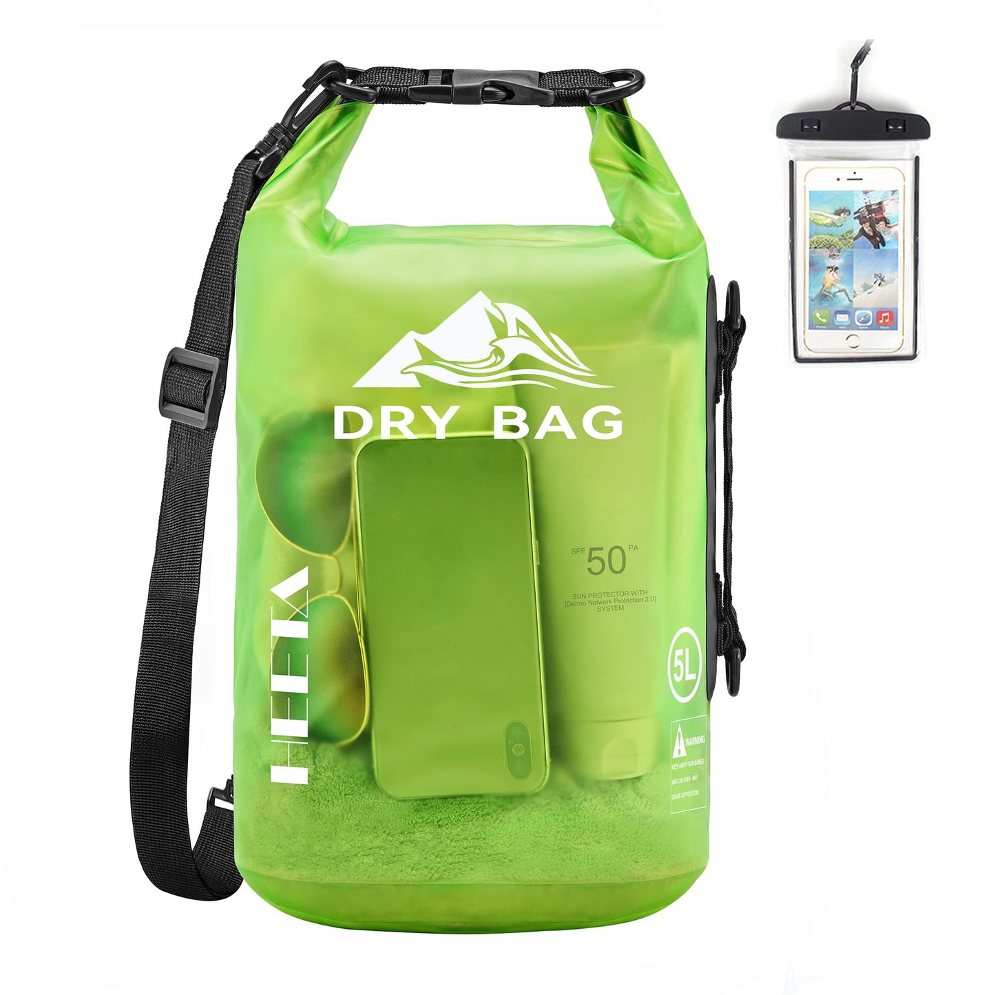 HEETA Waterproof Dry Bag for Women Men, 5L/10L/20L/30L/40L Roll Top Lightweight Dry Storage Bag Backpack with Phone Case for Travel, Swimming, Boating, Kayaking, Camping and Beach (Lemon Green, 5L)