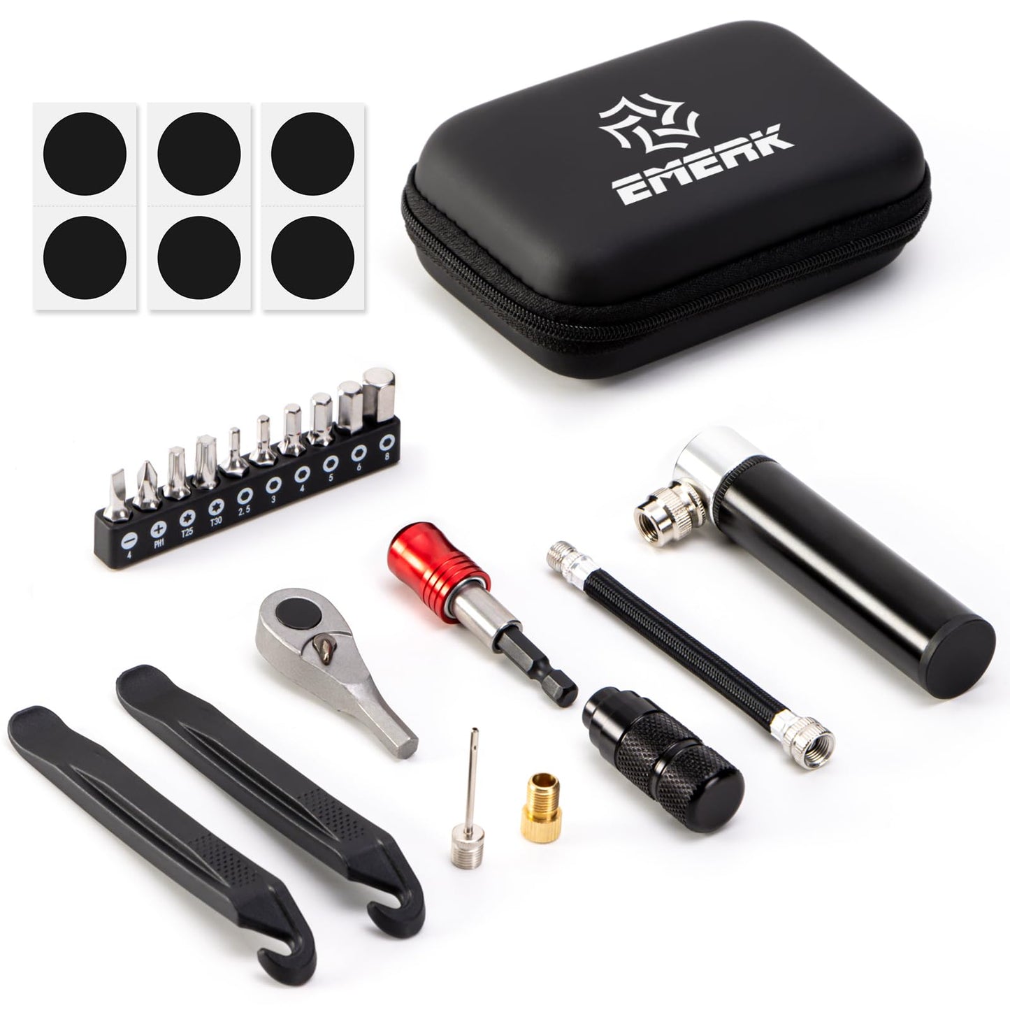 EMERK Bike Repair Tool Kit, Portable Bicycle Multi Tool with Mini Pump, Ratchet Reversible Tool, 10 Bits, Tire Levers & Carry Bag for Mountain, Road & Electric E-Bike, Presta/Schrader Valve Compatible