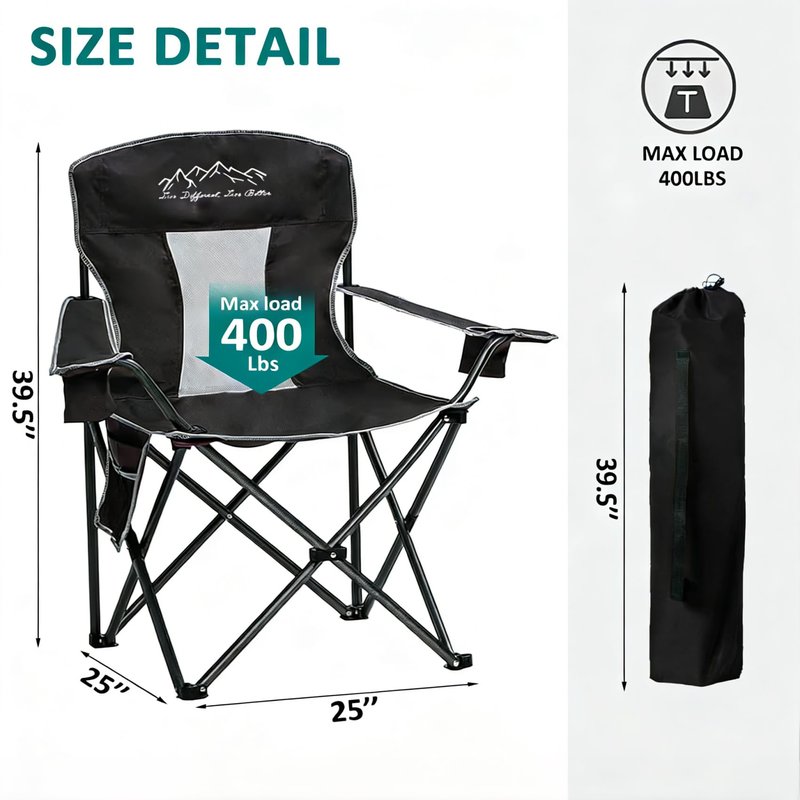 SAILARY Collapsible Folding Camping Chairs Heavy Duty Lawn Foldable Chair with Cooler Bag, Storage Pocket, Waterproof Bag Outdoor Arm Sport Chair, Supports 325LBS, Black
