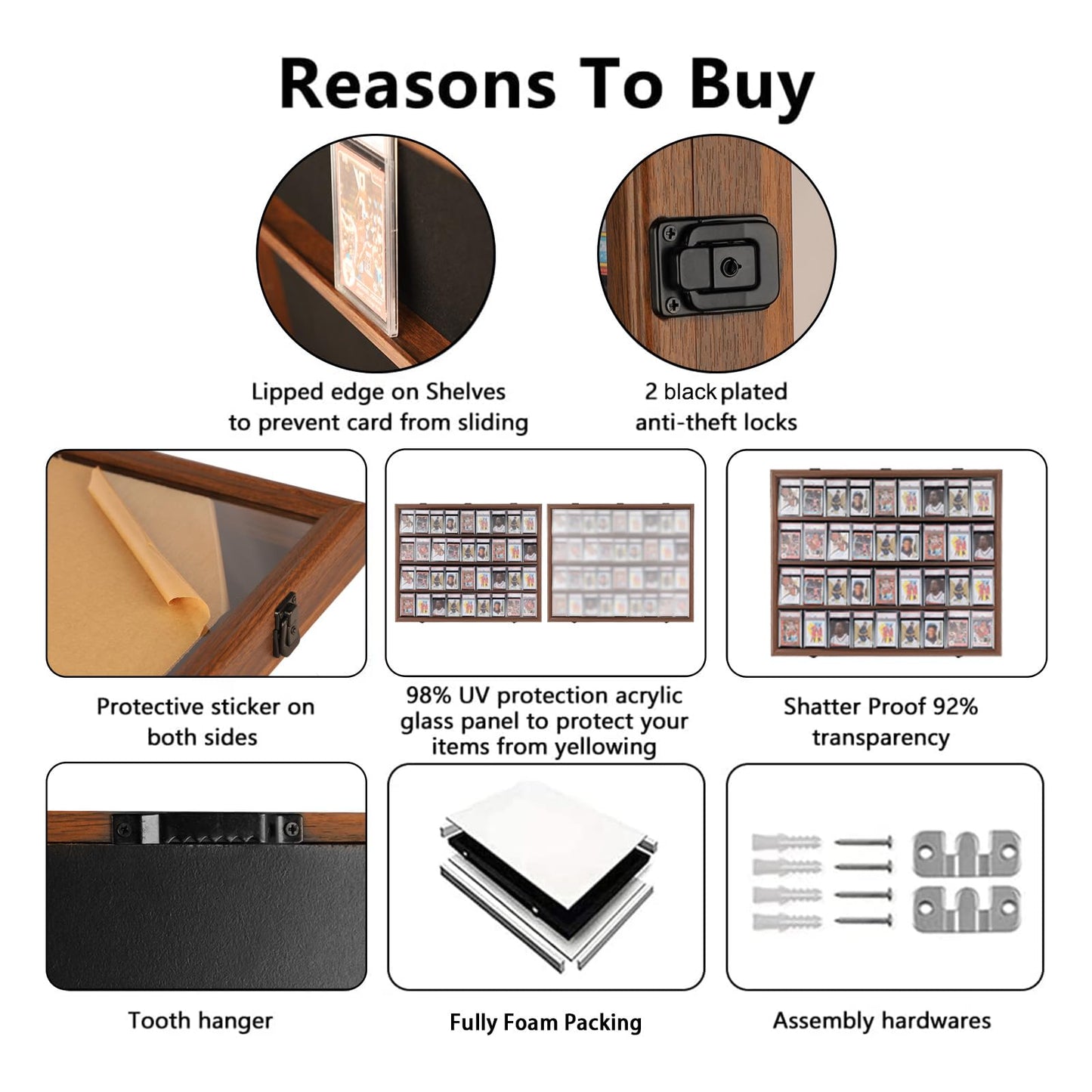 VERANI Baseball Card Display Case - 36 Graded Sports Card Display Frame - Holds Sport Cards with UV Protection Clear View Lockable Wall Cabinet for Football Basketball Hockey Trading Card, Walnut