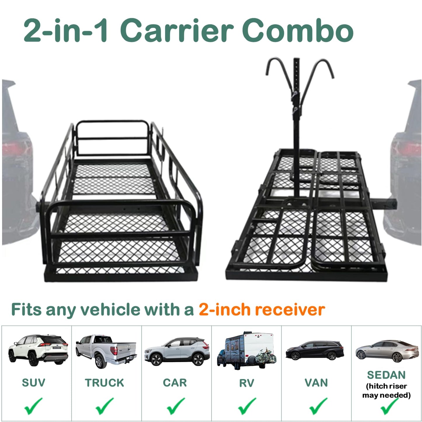 Hitch Mount Cargo Carrier Basket - 66"x24"x14" Comes with Bike Rack Fits 2 Ebike Fat-Tire Electric Bicycle with Folding Heavy Duty Trailer 500Lbs Fits 2" Receiver for Car Truck SUV RV (Black)