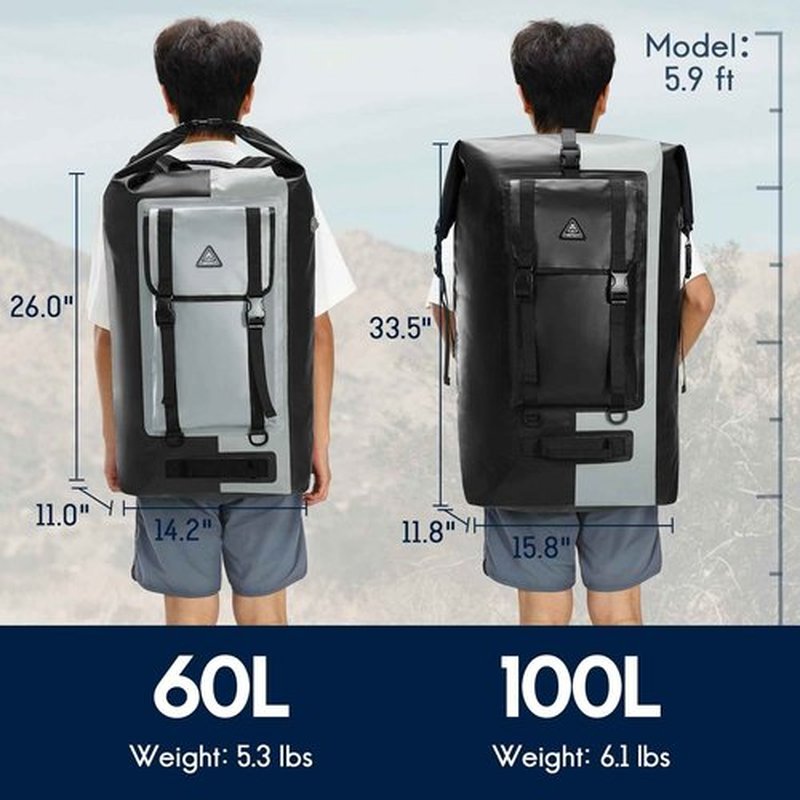 Haimont 100L Waterproof Backpack Large Roll Top Dry Backpacks Marine Dry Bags with Air Valve Travel Surfing Black/Grey
