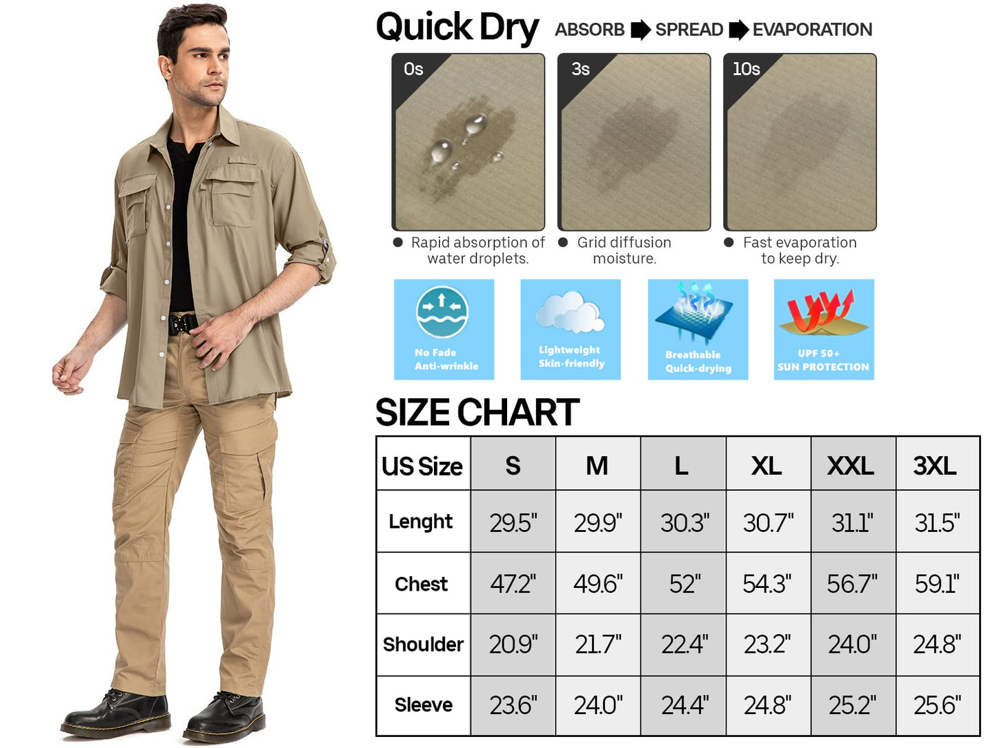 Men’s Long Sleeve Shirts UV UPF 50 Sun Protection Hiking Fishing Safari Shirt Quick Dry Cool Utility Blouse (5052 Khaki M)