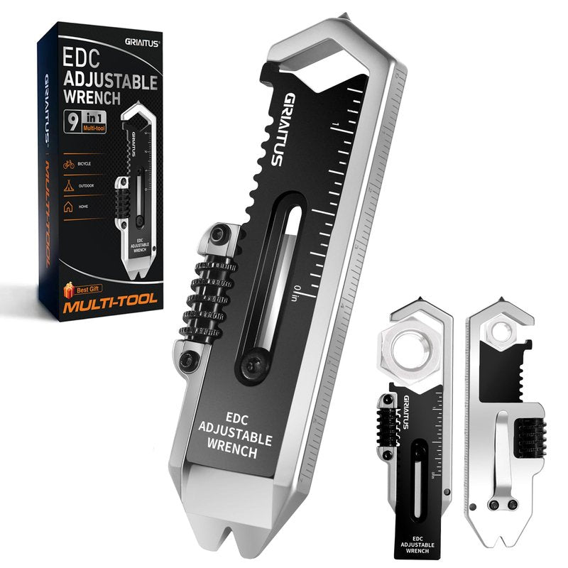 Small Multitool Wrench 9 in 1 Pocket Adjustable Wrench for Screw with Mini Pry Bar Nail Puller Keychain Tool Caliper Measuring Ruler Glass Breaker EDC Gadget Survival Gear for Men Cycling Hiking