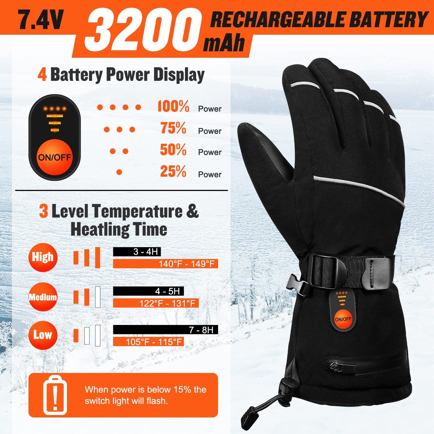 Electric Heated Gloves with Touch Screen,Rechargeable 7.4V 3200MAH Battery Heating Gloves for Men Women,3 Temperature Level Heating Battery Powered Windproof Gloves for Outdoor Warm Motorcycle (L)