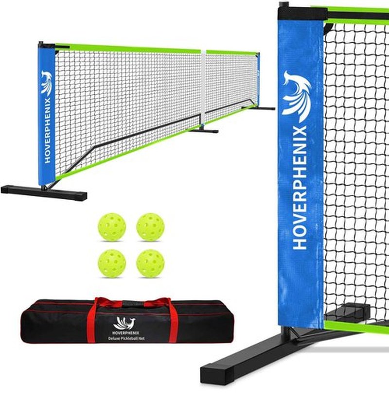 Hoverphenix Pickleball Net for Driveway with 22FT Regulation Size Pickleball Net, 4 Outdoor Pickleballs and Carry Bag, Weather Resistance Strong Steel Frame