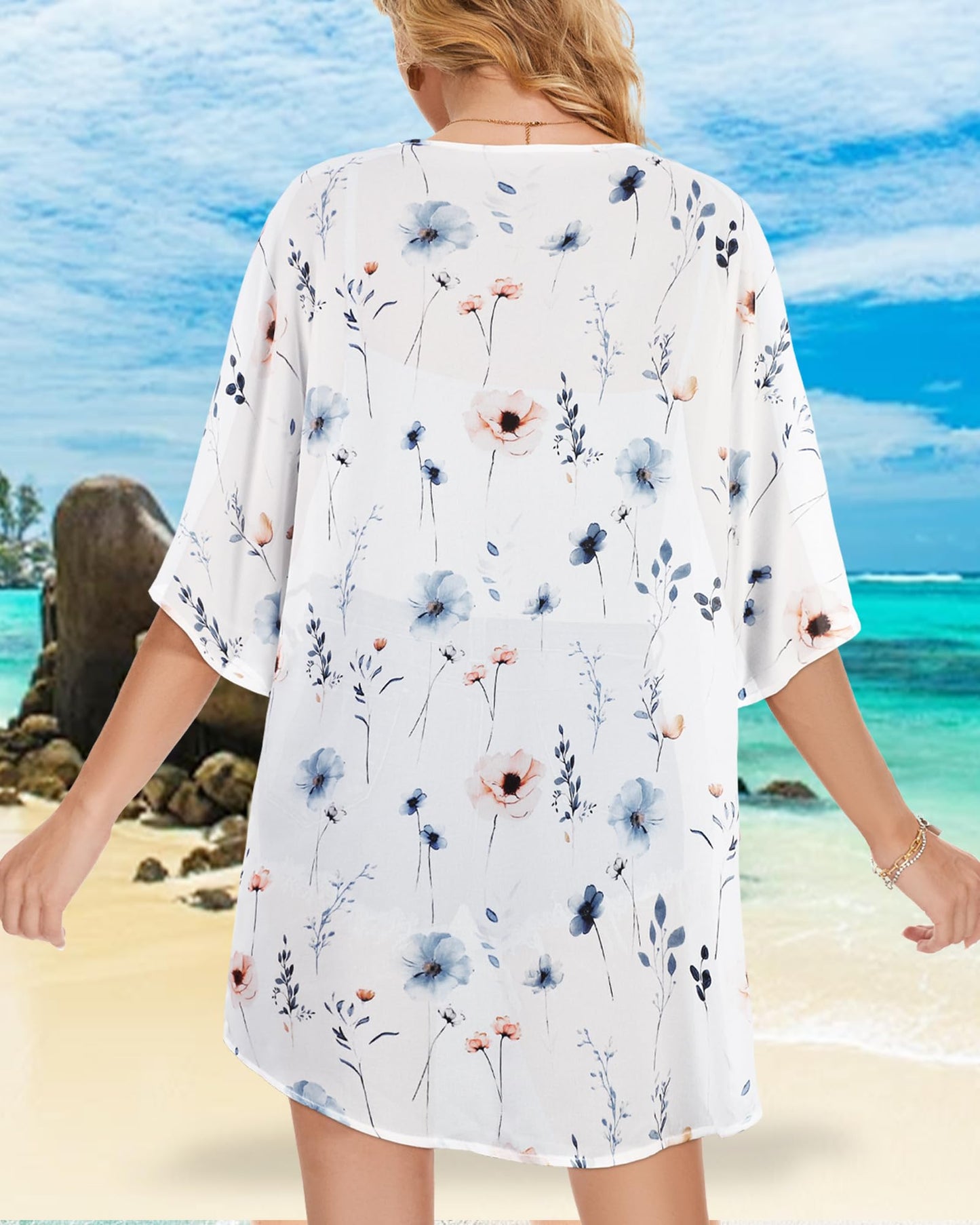 Women's Floral Kimono Cardigan Cover Up Casual Tops,White Blue Flower,3XL