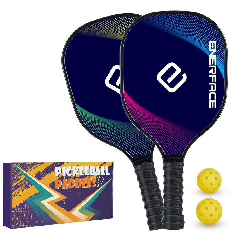 ENERFACE Pickleball Paddles: 2 Wooden Rackets with 2 Balls & Carry Box, Adult, Intermediate, 7.8 x 15.75 Inches, Yellow+Green/Blue+Pink