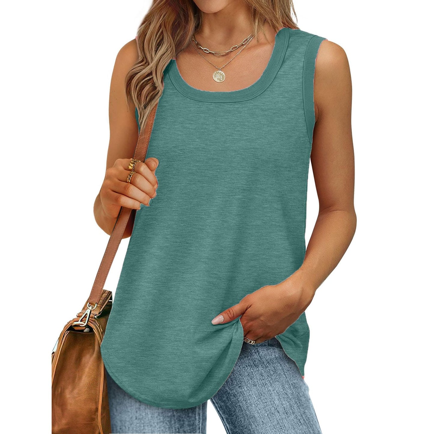 Borniu Womens Tank Tops Summer Loose Sleeveless Tops Scoop Neck Curved Hem Casual Flowy Shirt 2024 Outfits Clothes Green