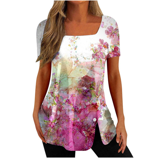 Generic mis pedidos Summer Tops for Women 2024 Trendy Novelty Floral Print Tshirt Tee Dressy Casual Square Neck Short Sleeve Tunic Blouse for Leggings Slim Cute Going Out Split Shirt