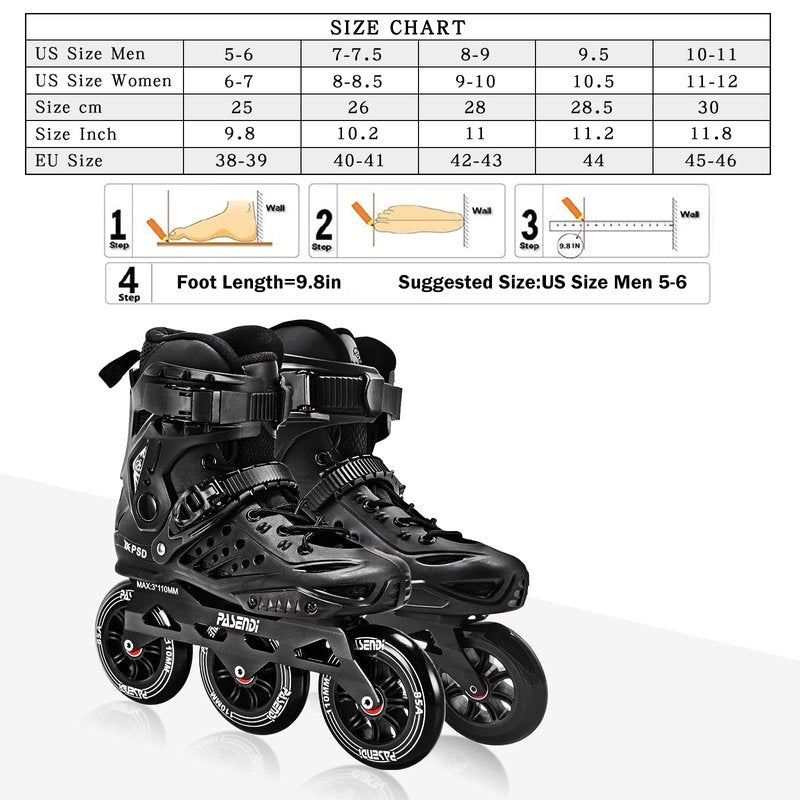 PASENDI Professional 3X110Mm Wheels Inline Skates,Outdoor Fitness Single Row for Adult Women Men, 3Dw Speed Inline Skates Black (US Men 8-9/Women 9-10/28CM, Black)