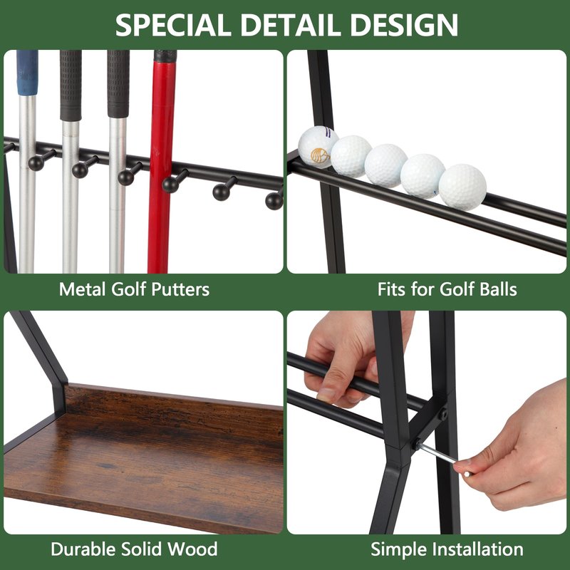 Xnwouco Golf Club Holder for 9 Clubs & 9 Balls, Solid Wood & Iron Golf Organizer, Golf Putter Holder Floor Stand, Golf Club Stand Suitable for Golf Simulators｜Golf Course Accessories