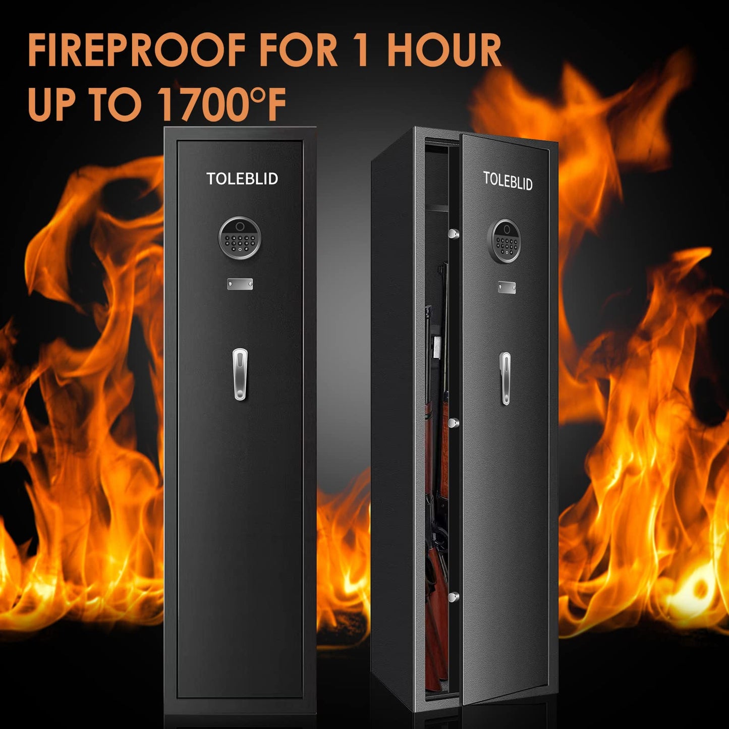 [2024 NEW] 7-8 Fireproof Biometric Gun Safes for Home Rifle and Pistols, Heavy Duty Anti-Theft Long Gun Safes for Rifles and Shotguns with 3 Handgun Pocket, Removable Shelf, Silent Mode