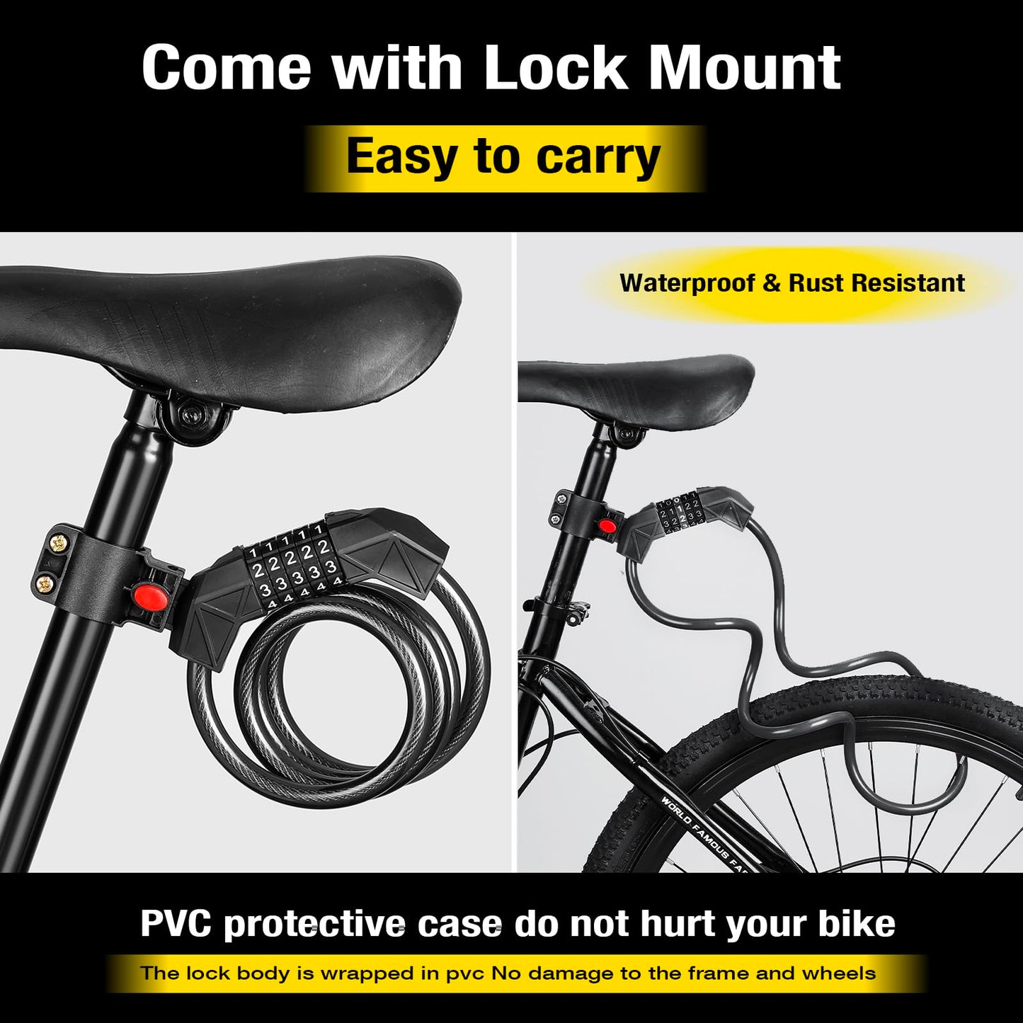 Bike Lock with Mounting Bracket, 4-Feet Bike Cable Basic Self Coiling 5-Digit Resettable Combination Cable Bike Locks, for Bicycle, Motorcycle, Scooter (Black)