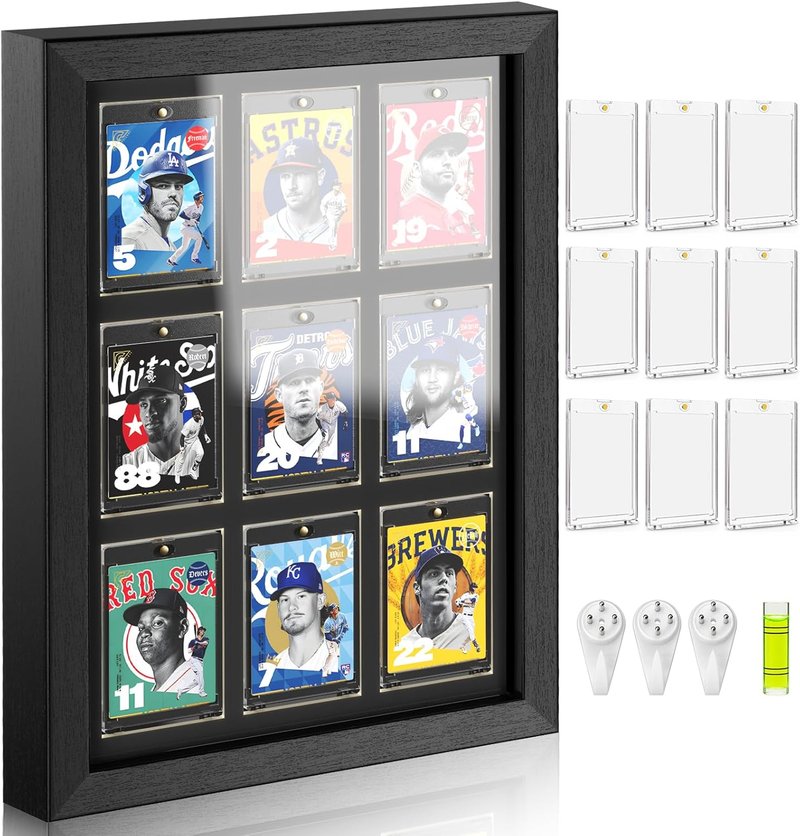 Trading Card Display Case - Wall Mount for 9 Standard Cards | UV Protection Magnetic Holder for Baseball, Football, Basketball, Hockey