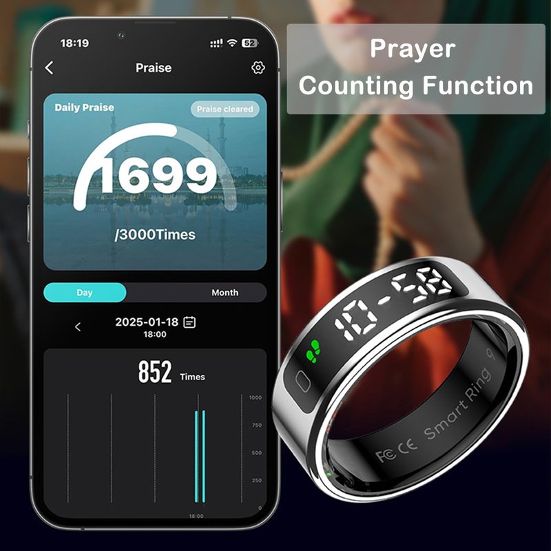 Yihou Smart Ring for Women Health Ring Fitness Tracker with Pedometer Heart Rate Monitor Screen Display Prayer Count No Subscription Fee for Android iOS Black 12