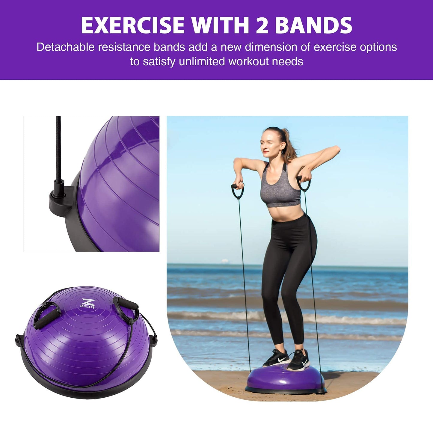 ZELUS Balance Ball Trainer Half Yoga Exercise Ball with Resistance Bands and Foot Pump for Yoga Fitness Home Gym Workout (Purple)