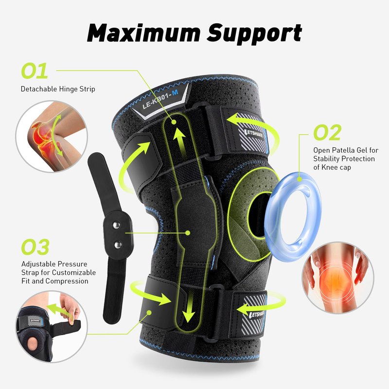LETSHAKE Hinged Knee Brace for Men Women Adjustable Knee Support with Side Stabilizers for Knee Pain Relief, Meniscus Tear, Arthritis Pain and Support Plus Size ACL Knee Braces