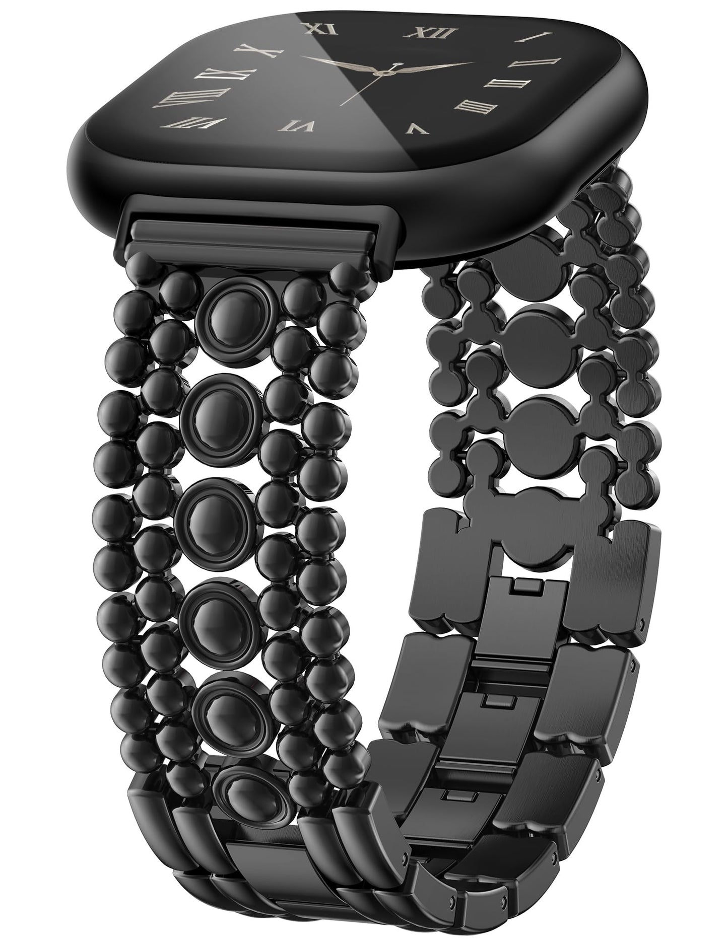 Minyee Metal Bands Compatible with Fitbit Versa 3/Sense 2/Versa 4/Sense Band Women, Dainty Pretty Stainless Steel Fancy Punk Black Adjustable Round Studded Link Bracelet Replacement Strap for Versa 3