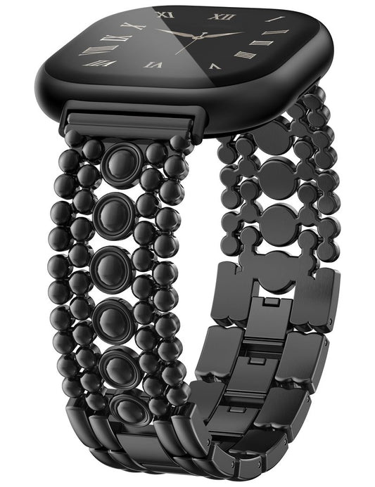 Minyee Metal Bands Compatible with Fitbit Versa 3/Sense 2/Versa 4/Sense Band Women, Dainty Pretty Stainless Steel Fancy Punk Black Adjustable Round Studded Link Bracelet Replacement Strap for Versa 3