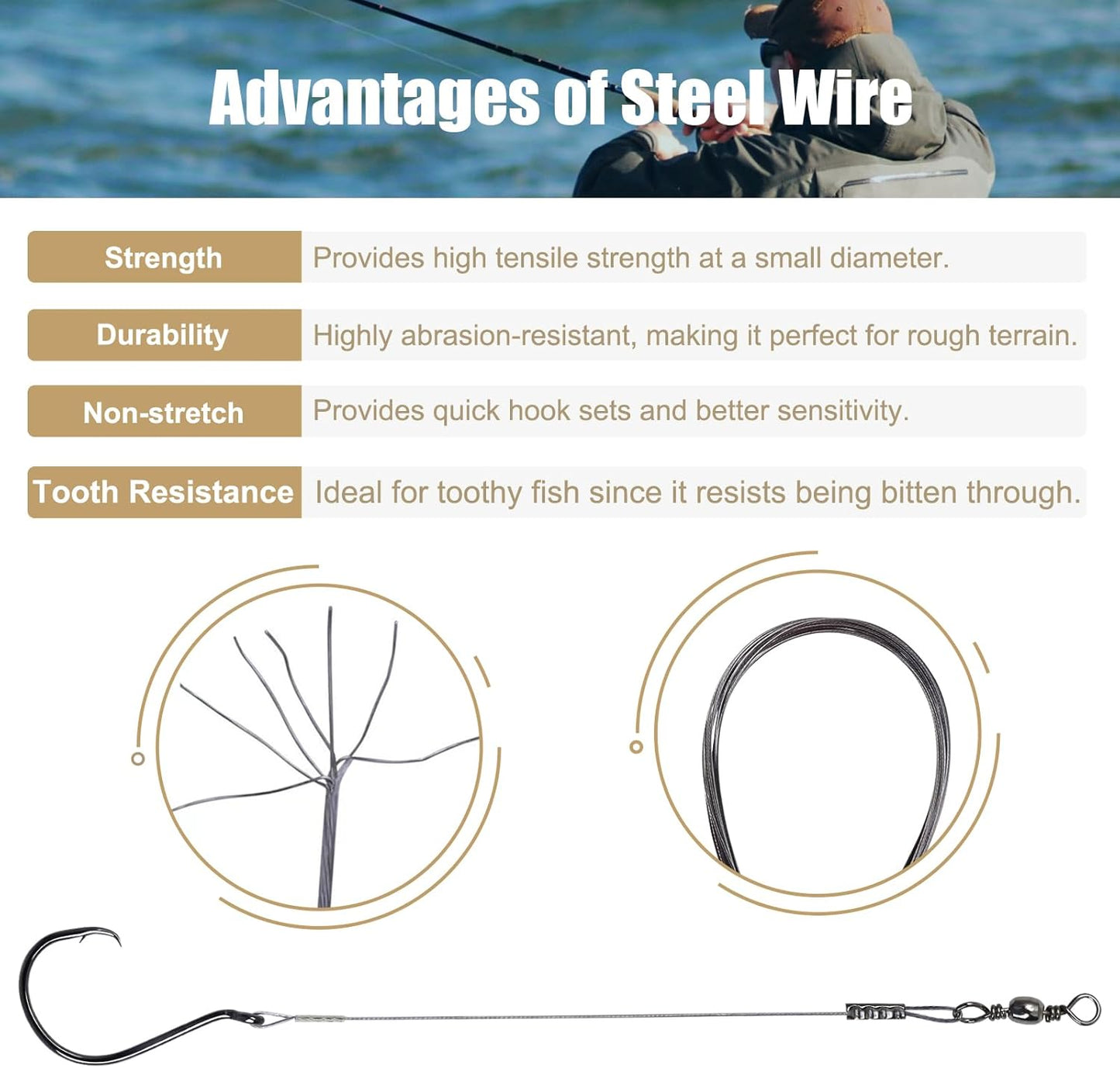 Circle Hooks Rigs - 15pcs Fishing Leader Rigs with Steel Wire | Sizes 1/0 to 10/0 for Bass & Catfish Fishing
