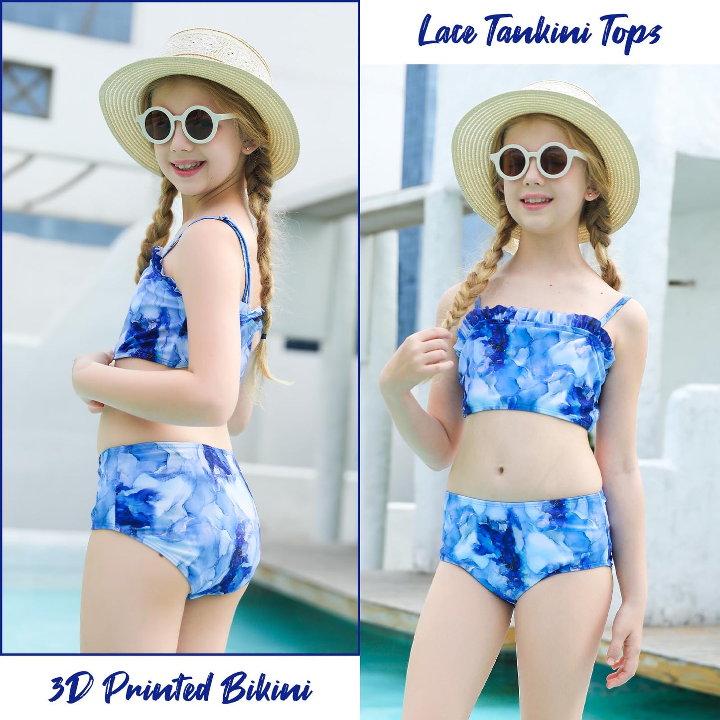 10-12 Girls Swimsuits for Teens 3 Piece Beach Bathing Suits with Cover Up Pants Size 10 Big Gilrs' Summer Vacation Blue Rash Guard Swimwear Child 3D Print Cute Lace Tops and Bikini Bottoms for Party