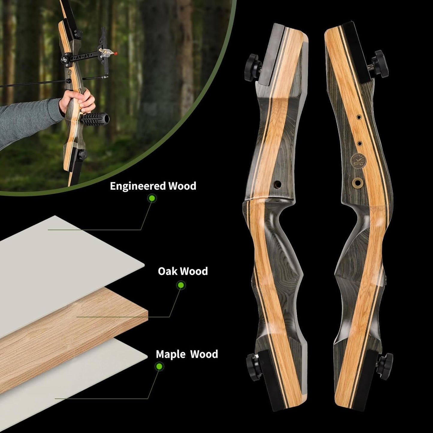 Archery Wooden Bow and Arrow Set - 62'' Right-Handed Takedown Recurve Bow for Adults | 30-50 Lbs Hunting Kit