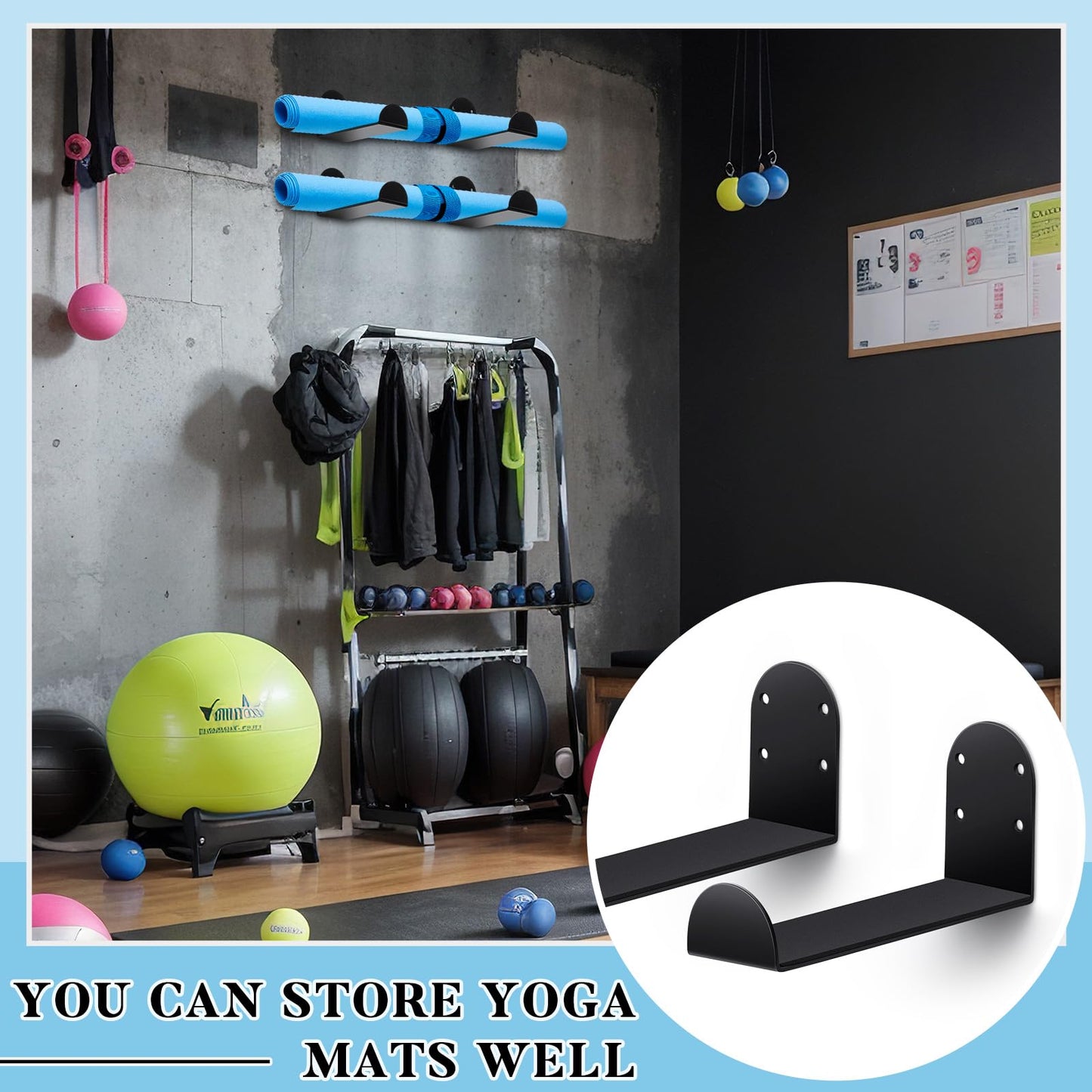 Yaocom 4 Pcs Yoga Mat Storage Rack Wall Mount Exercise Mat Wall Hanger Foam Roller Wall Holder Gym Organizer for Hanging Fitness Bands Yoga Strap Class Home Gym