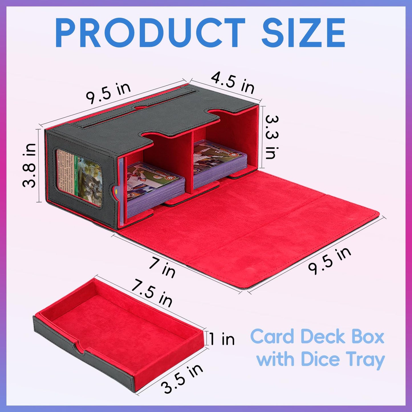 QTYORD Card Deck Box for Trading Cards with Dice Tray&Commander Dispaly, Card Storage box Fits 200+ Single Sleeved Cards, PU Magnet Card Deck Case for MTG TCG (Black/Red)