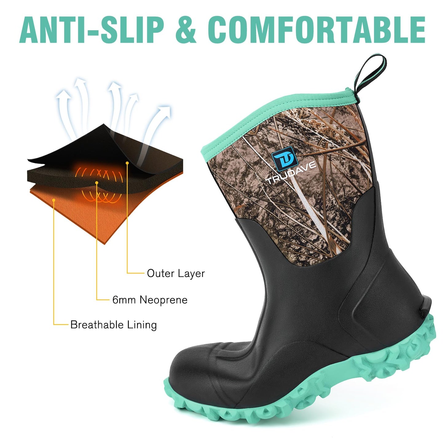 Trudave Rubber Boots for Women with Steel Shank, 6mm Neoprene Mid Calf Rain Boots, Waterproof Insulated Mud Work Boots All Season, Green, Size 6