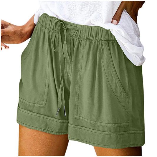 Prime Deals Women Drawstring Shorts Comfort Plus Size Summer Lightweight Solid Color Shorts Casual Elastic Waist Short Pants with Pockets(Large,Army Green)