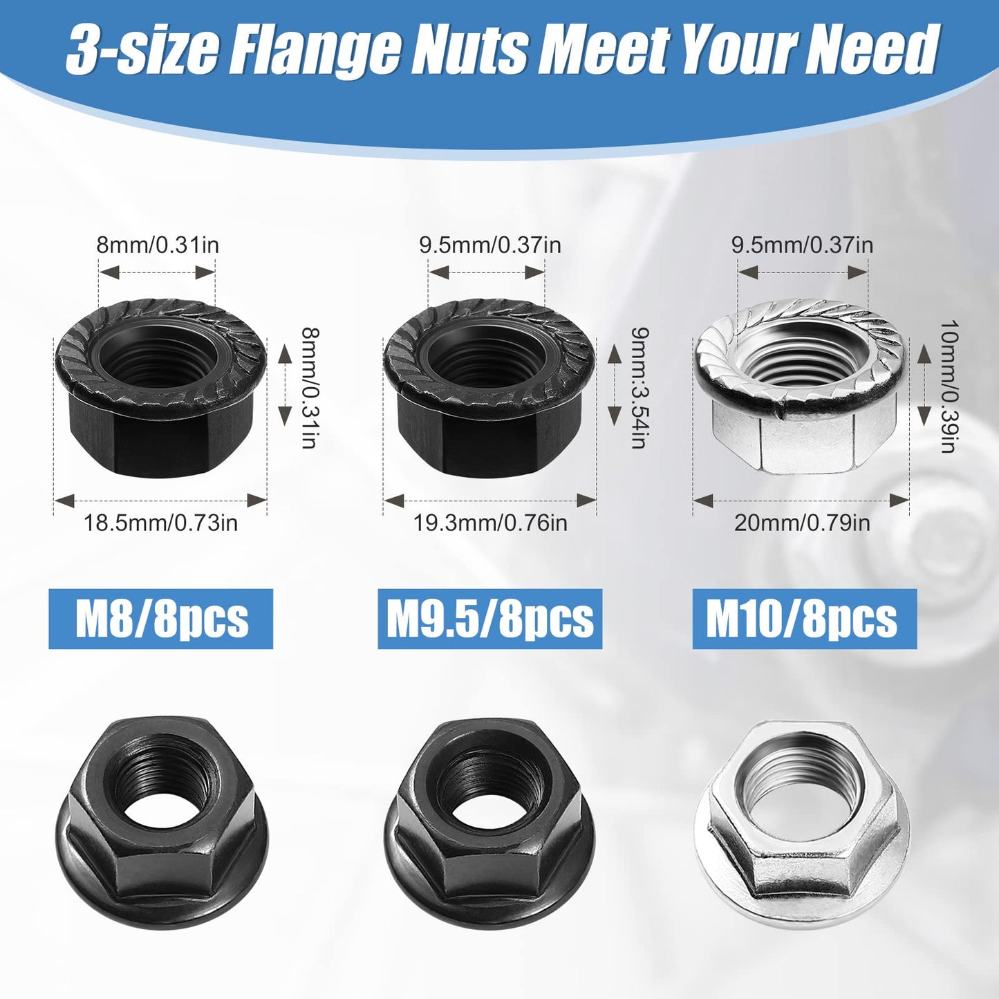 Moxweyeni 48 Pcs Bike Nuts and Safety Washers Kit M8 M9.5 M10 3 Sizes Bicycle Wheel Axle Nuts Black Silver Bicycle Hub Parts for Front Rear Wheel of City Road Mountain