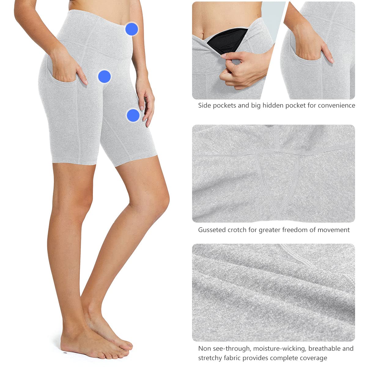 baleaf Biker Shorts Women Yoga Gym Workout Spandex Running Volleyball Tummy Control Compression with Pockets 8" Light Grey XXL